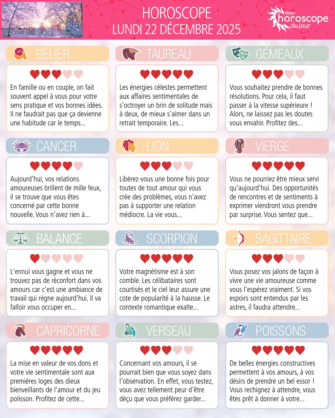 Horoscope du lundi 22 décembre 2025