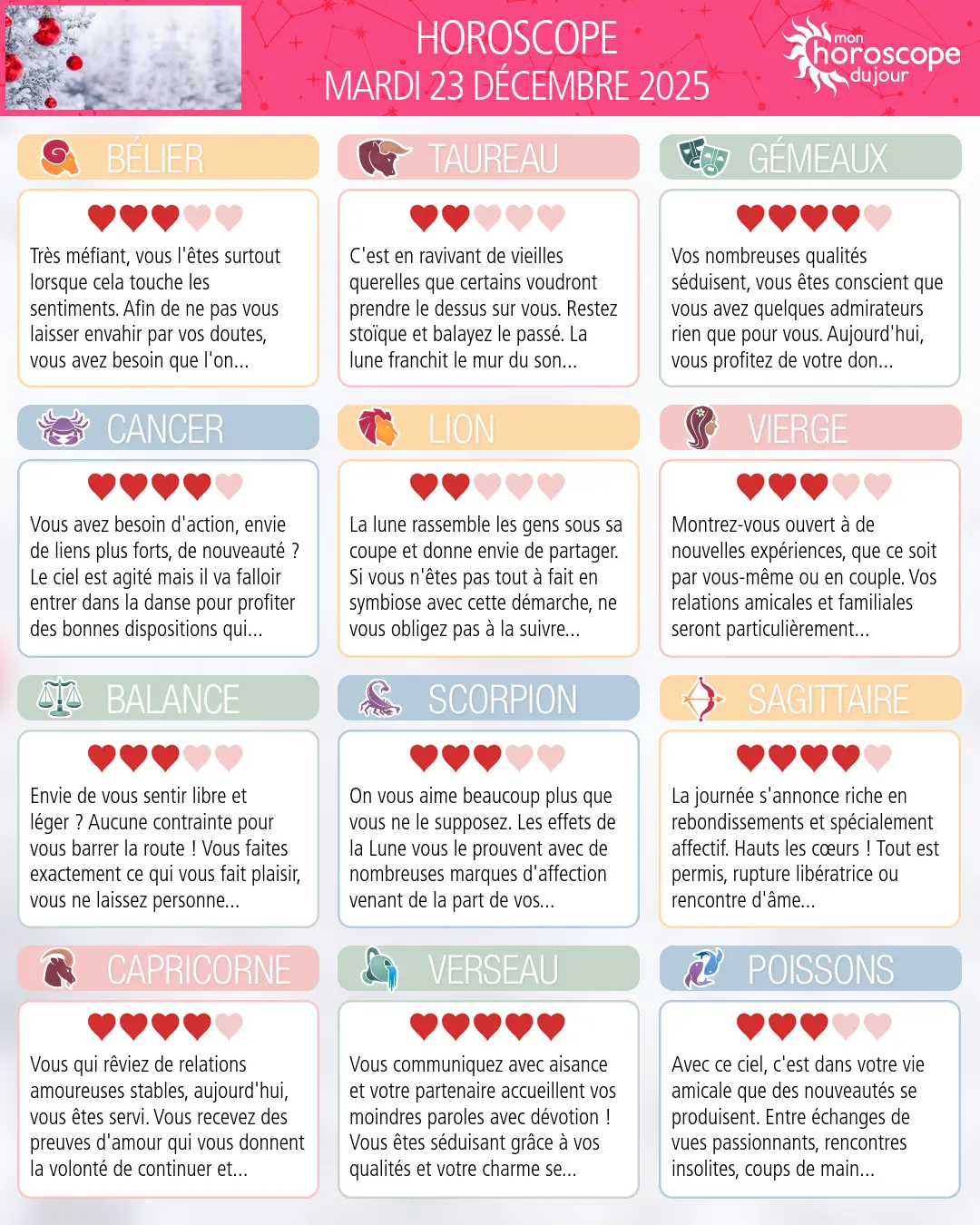 Horoscope du mardi 23 décembre 2025