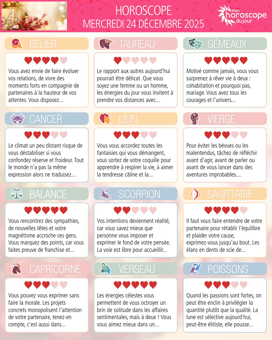 Horoscope du mercredi 24 décembre 2025