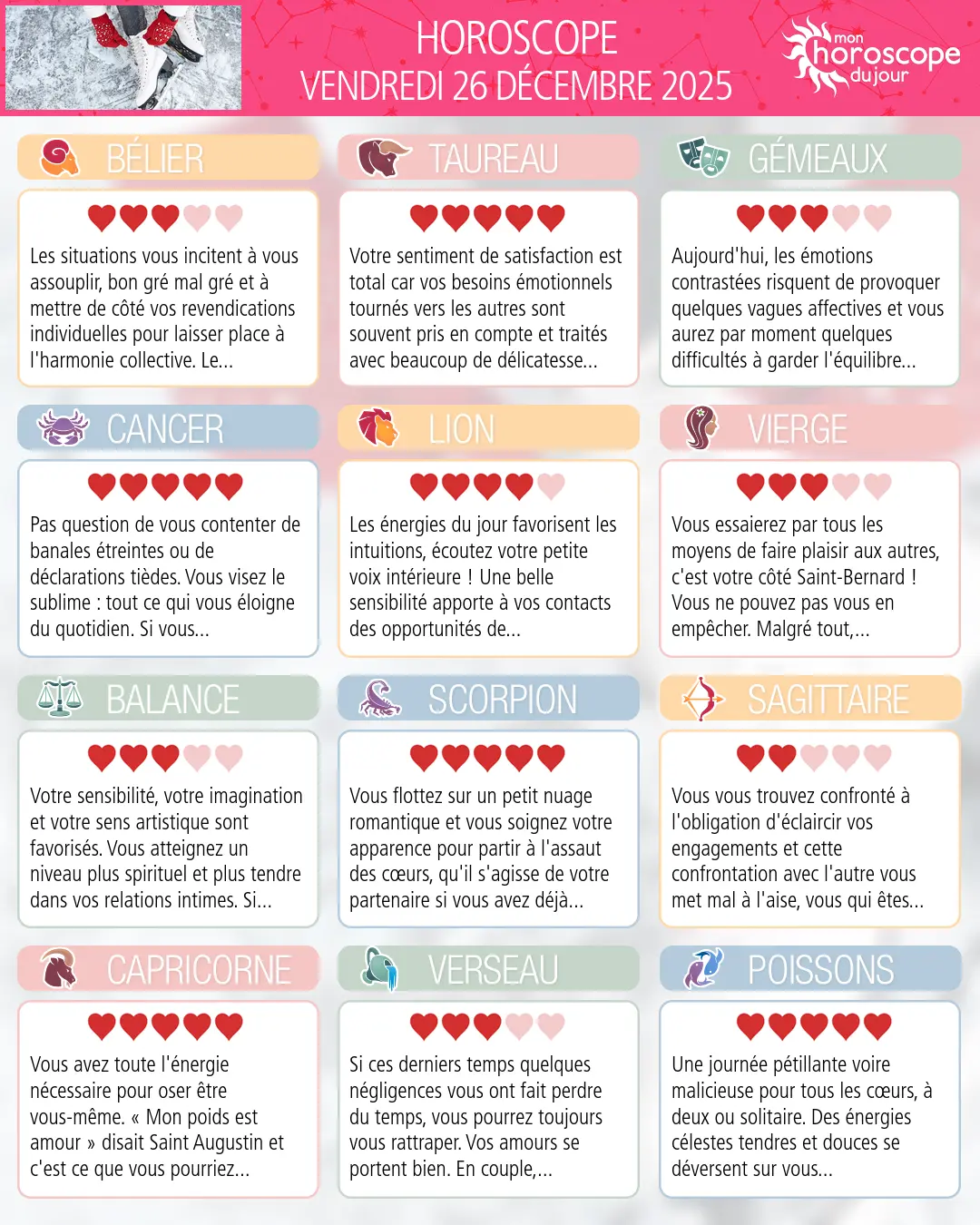 Horoscope du vendredi 26 décembre 2025