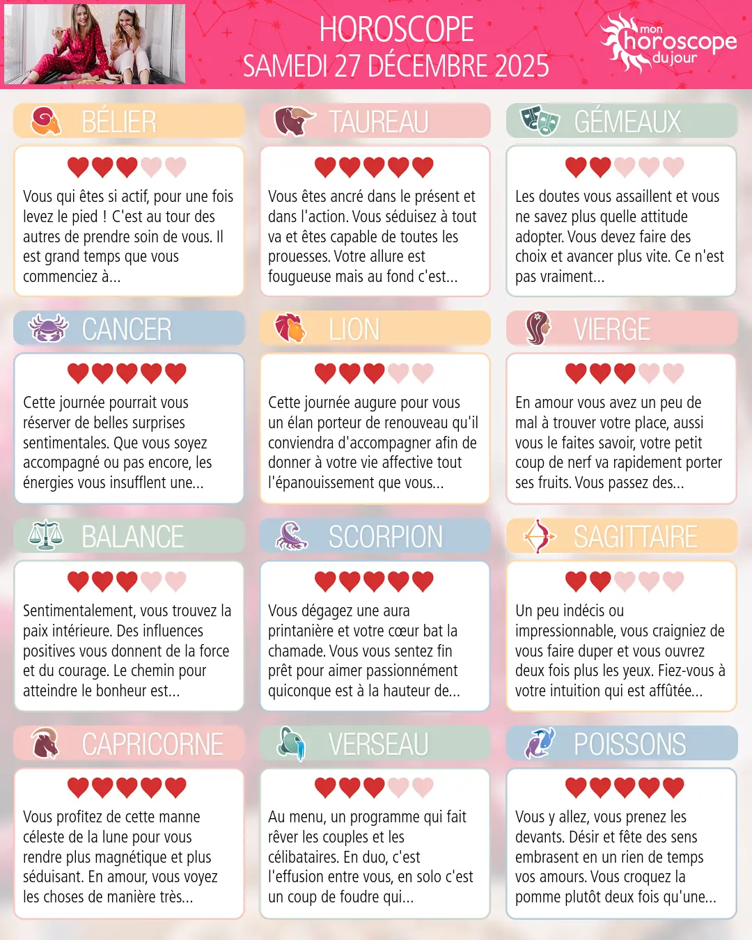 Horoscope du samedi 27 décembre 2025