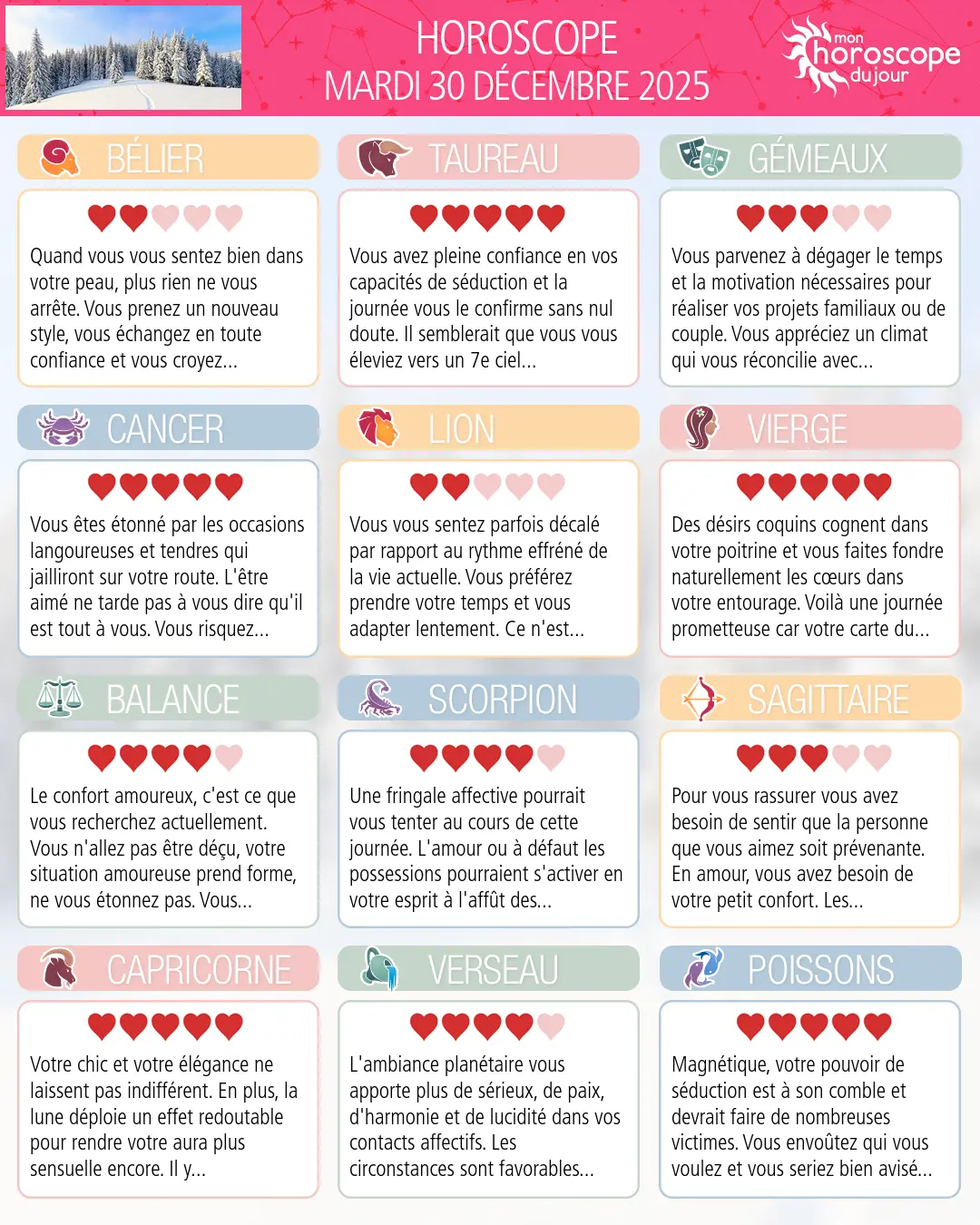Horoscope du mardi 30 décembre 2025