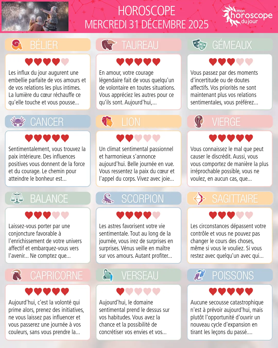 Horoscope du mercredi 31 décembre 2025