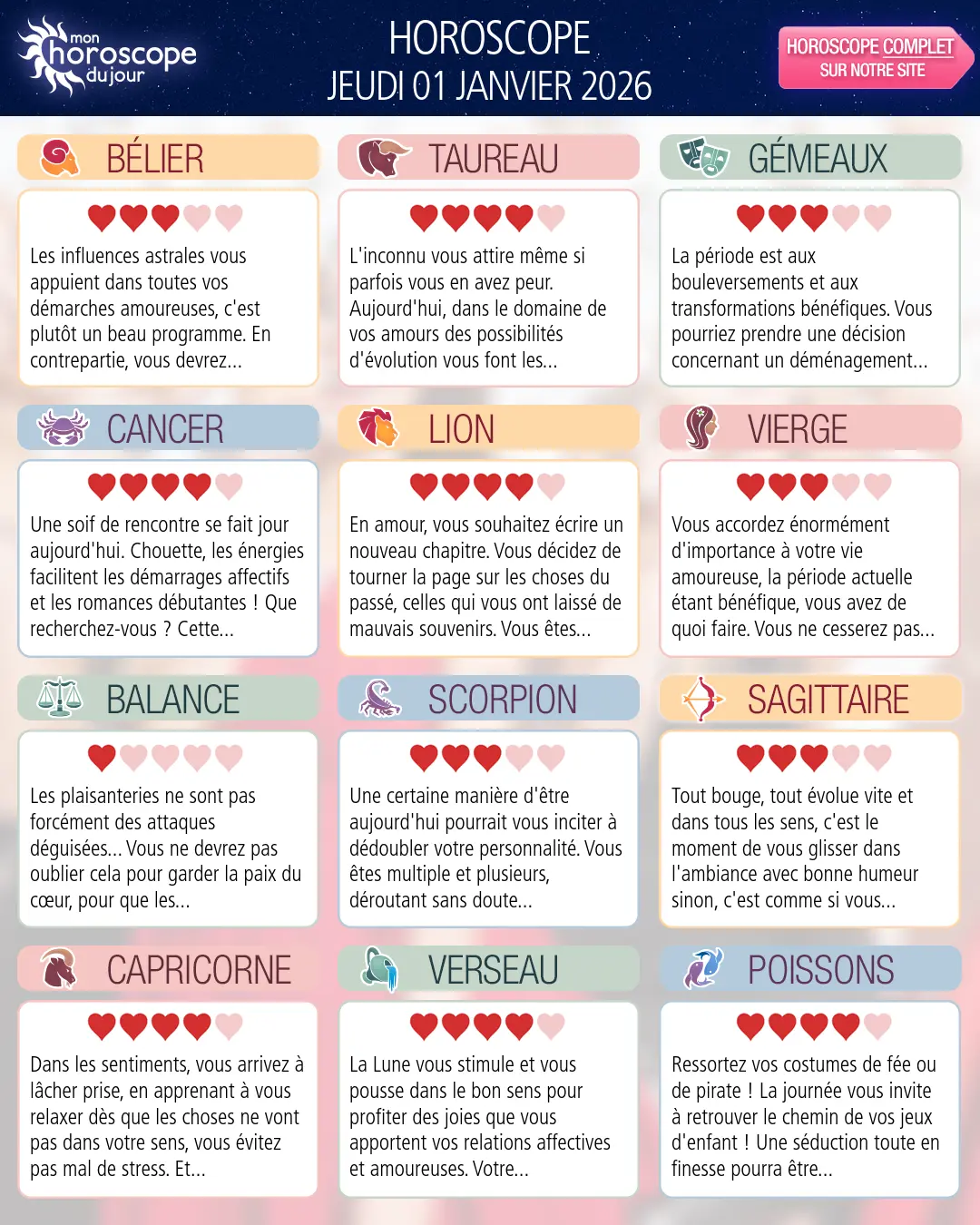 Horoscope du jeudi 1 janvier 2026