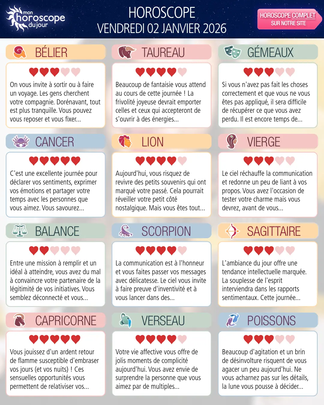 Horoscope du vendredi 2 janvier 2026