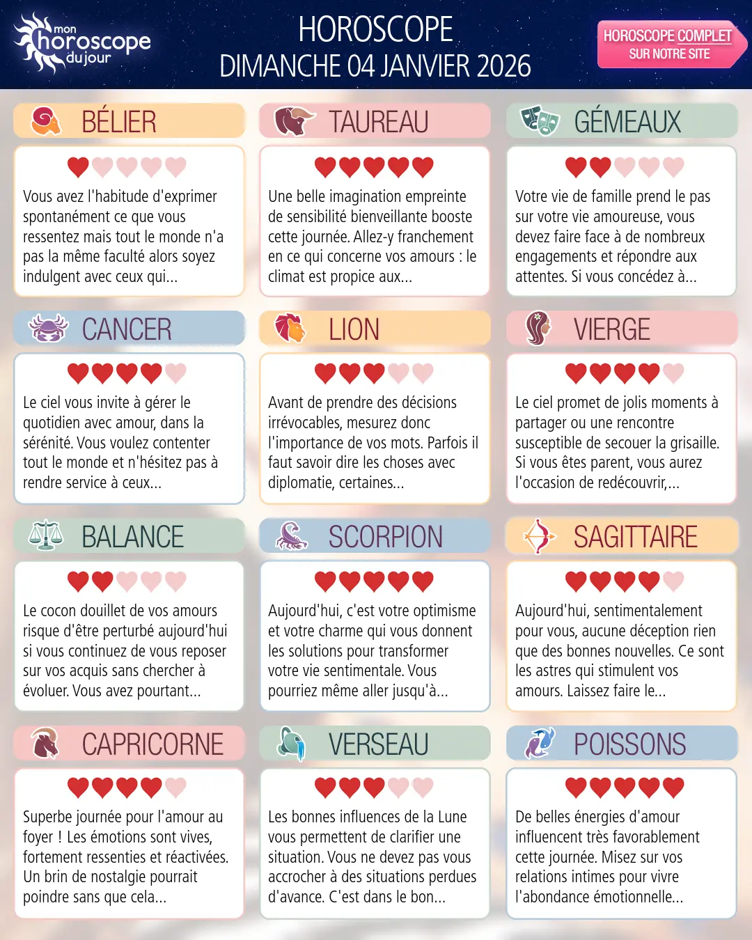 Horoscope du dimanche 4 janvier 2026