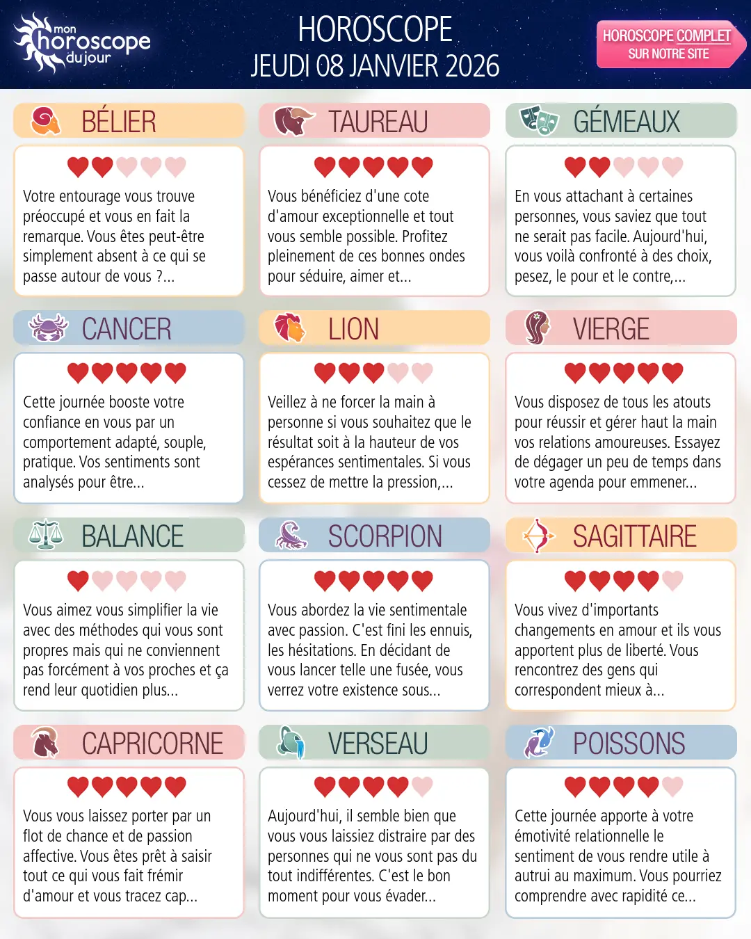 Horoscope du jeudi 8 janvier 2026