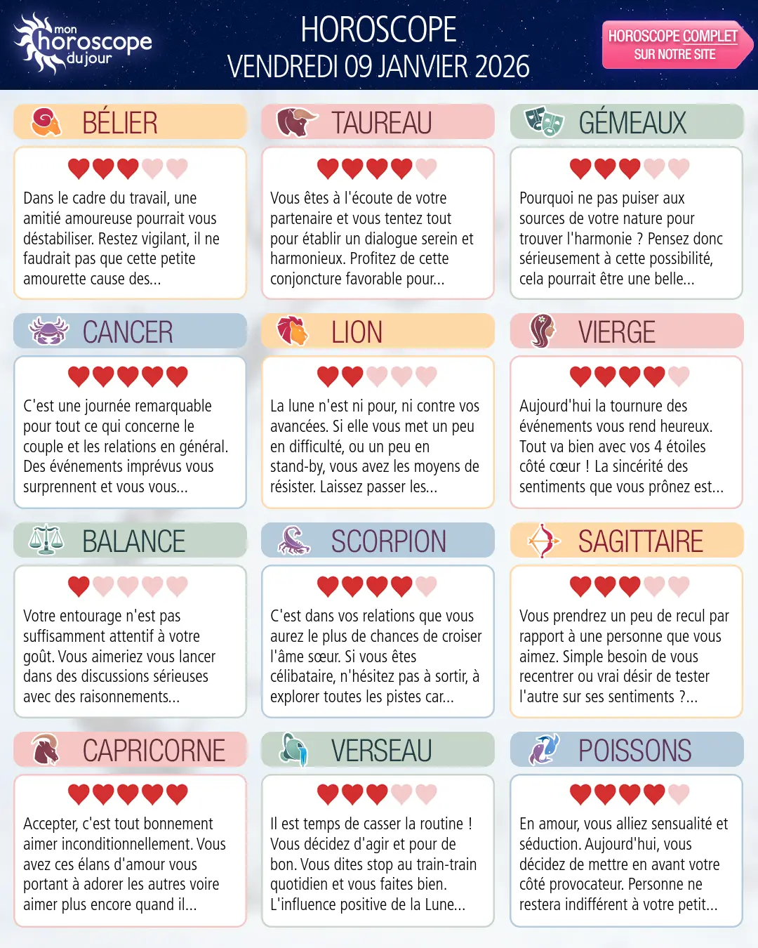 Horoscope du vendredi 9 janvier 2026