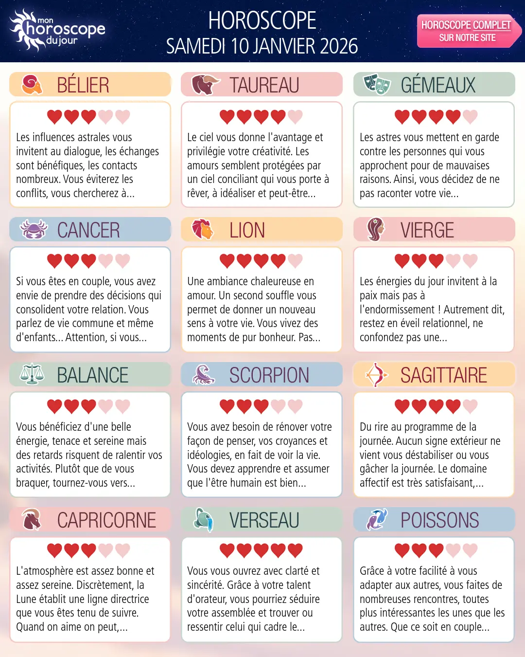 Horoscope du samedi 10 janvier 2026