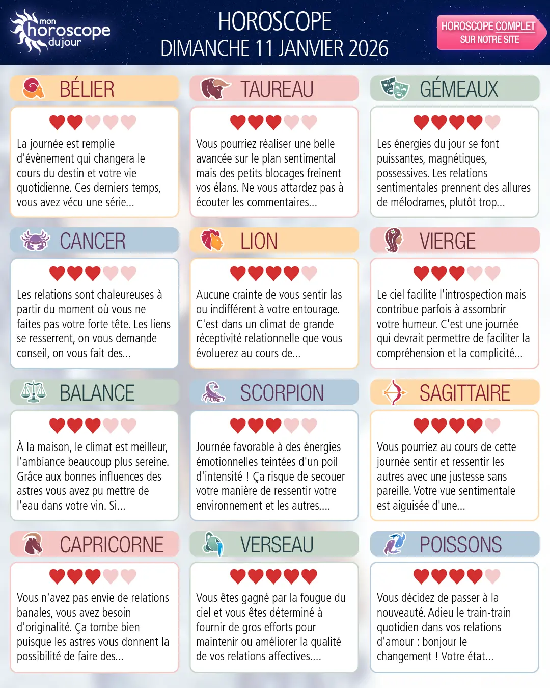 Horoscope du dimanche 11 janvier 2026