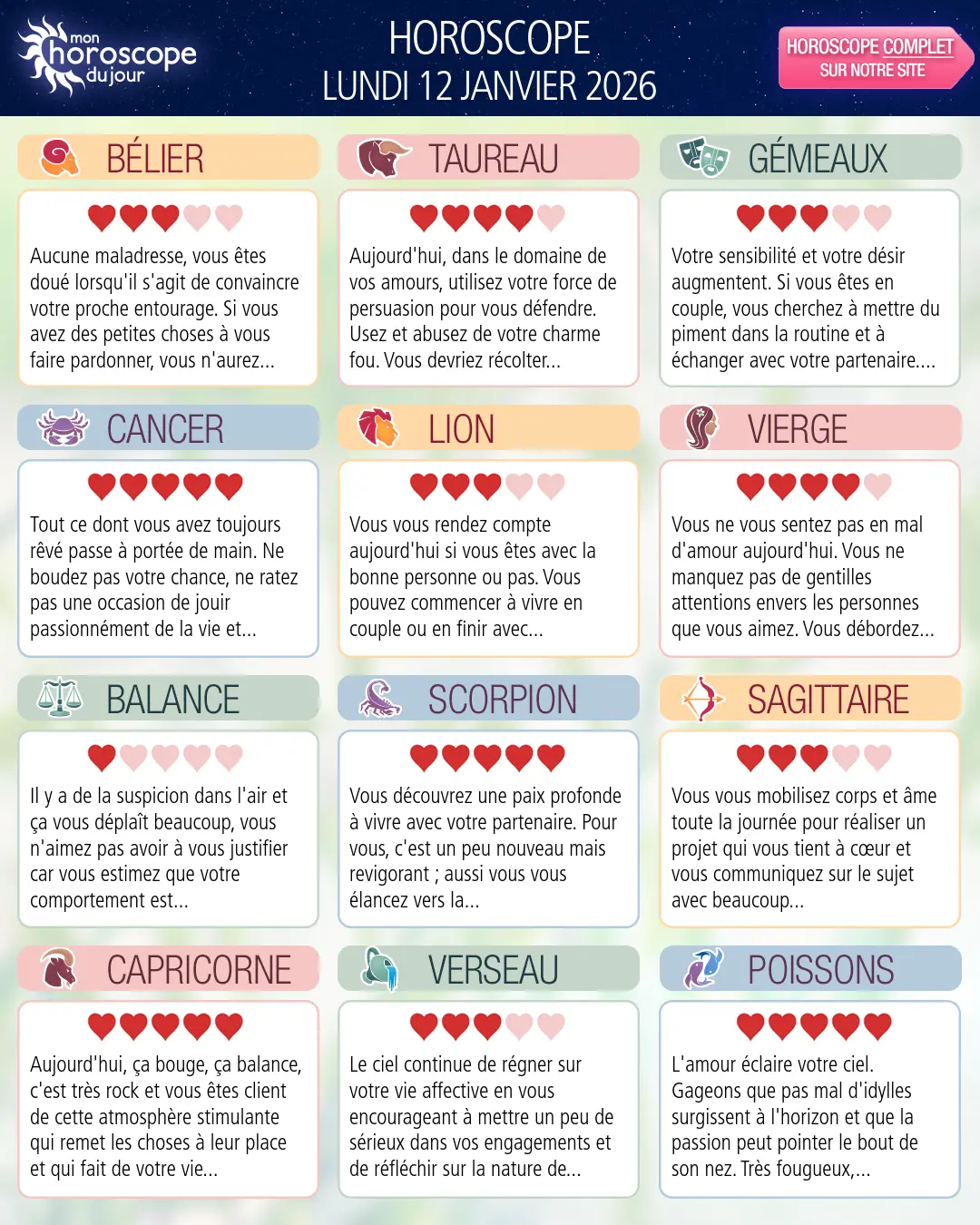 Horoscope du lundi 12 janvier 2026