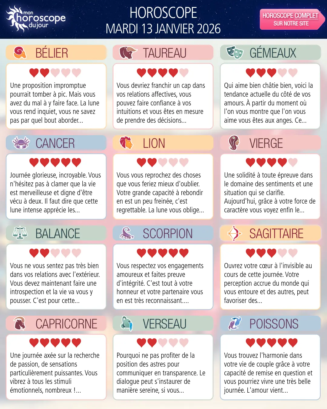 Horoscope du mardi 13 janvier 2026