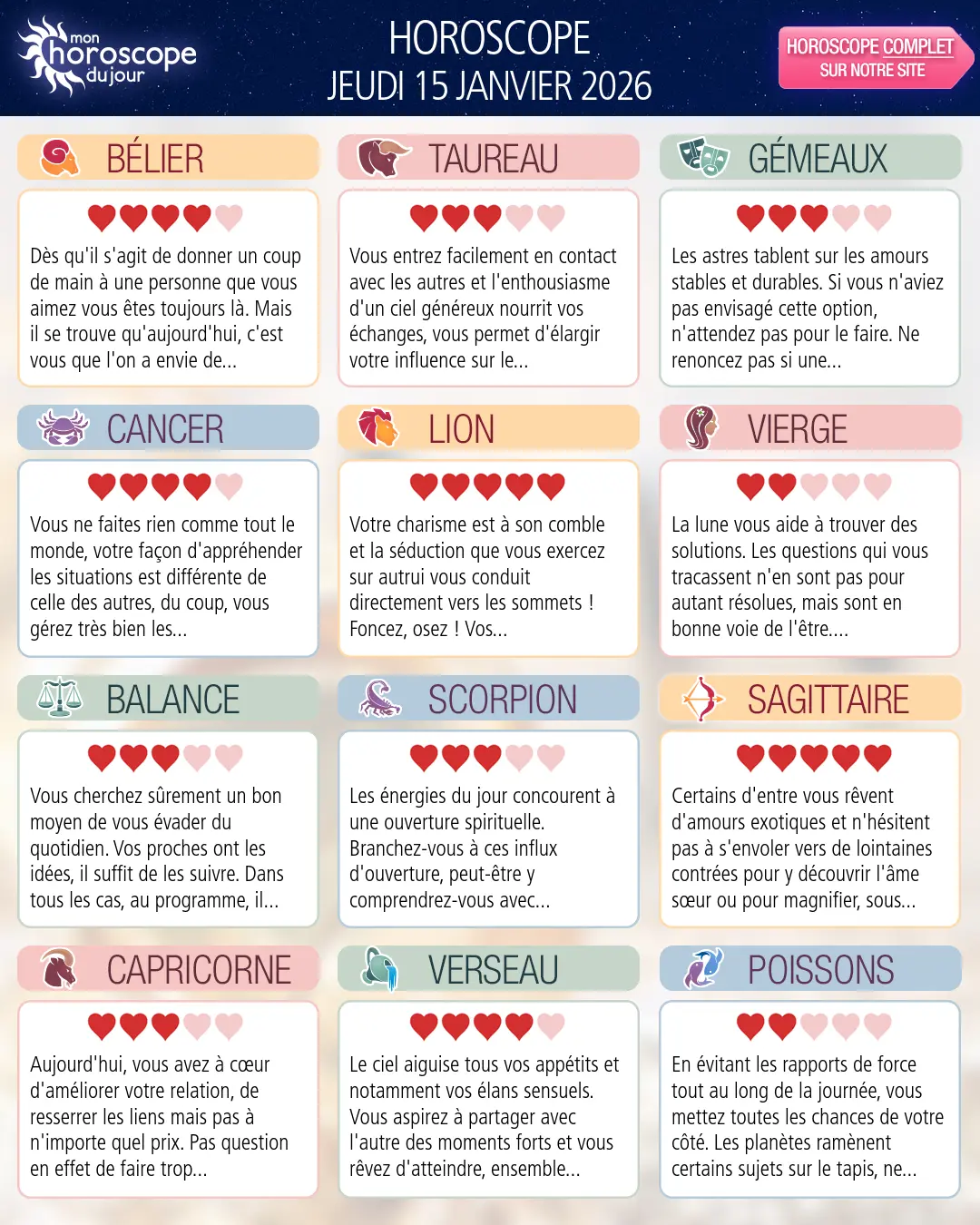 Horoscope du jeudi 15 janvier 2026