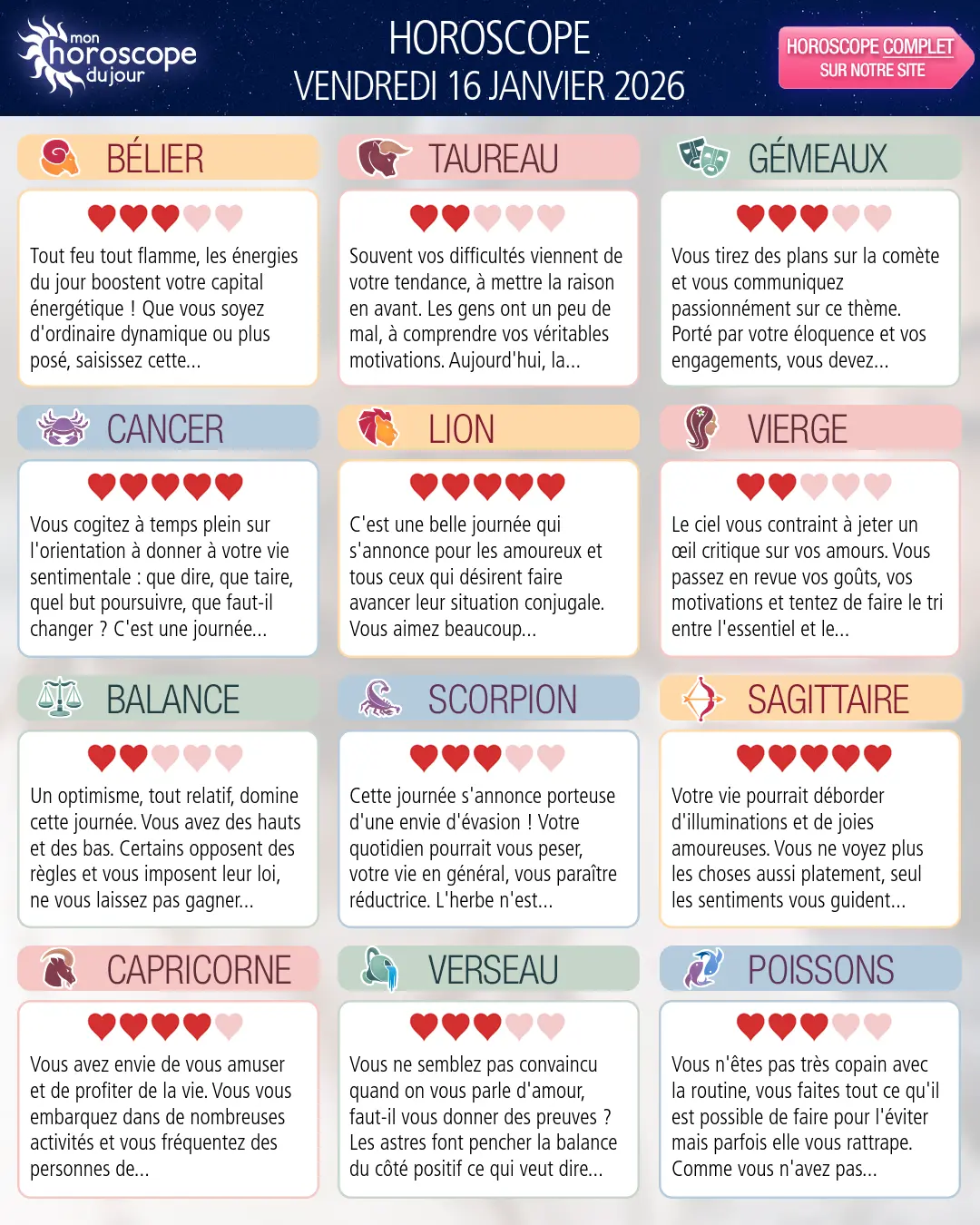 Horoscope du vendredi 16 janvier 2026