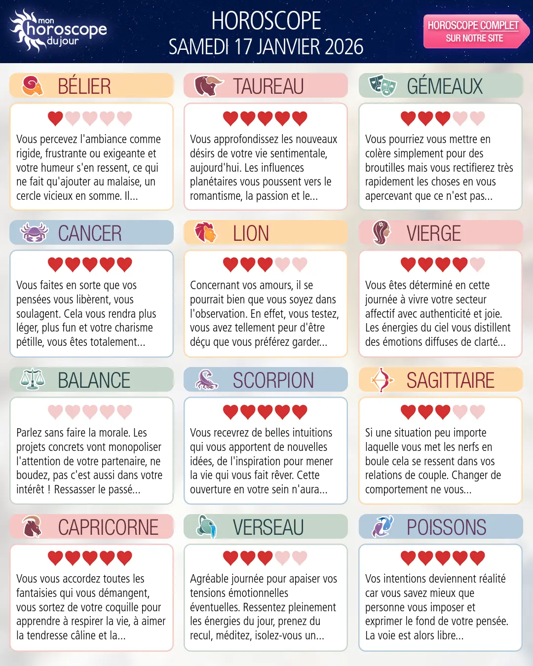 Horoscope du samedi 17 janvier 2026