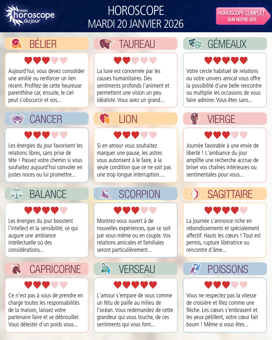 Horoscope du mardi 20 janvier 2026