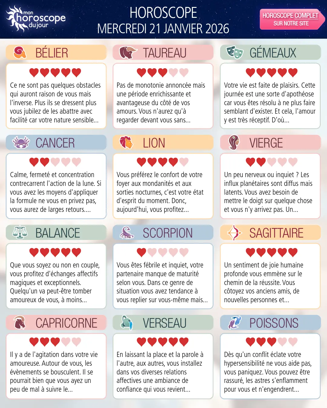 Horoscope du mercredi 21 janvier 2026