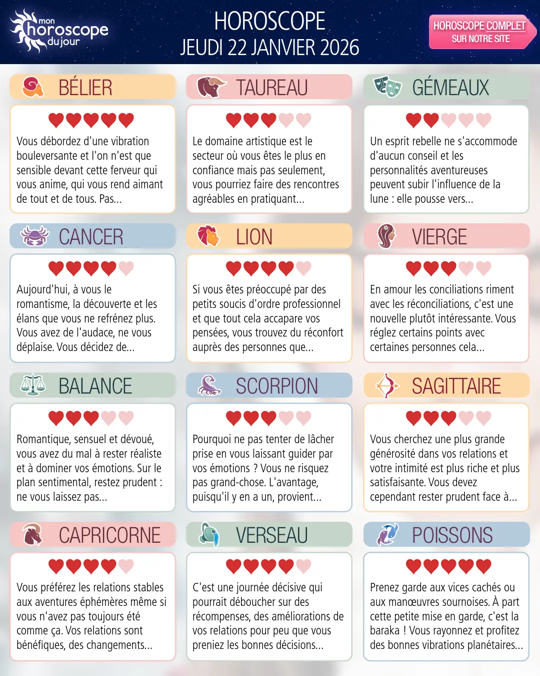 Horoscope du jeudi 22 janvier 2026