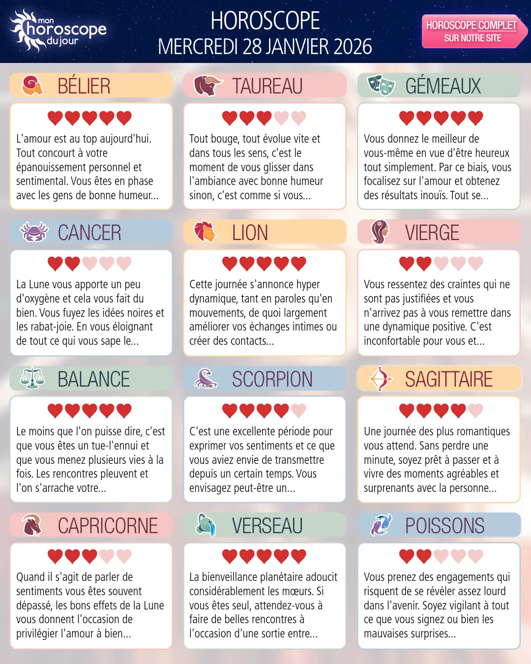 Horoscope du mercredi 28 janvier 2026