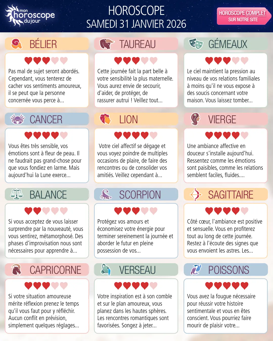 Horoscope du samedi 31 janvier 2026