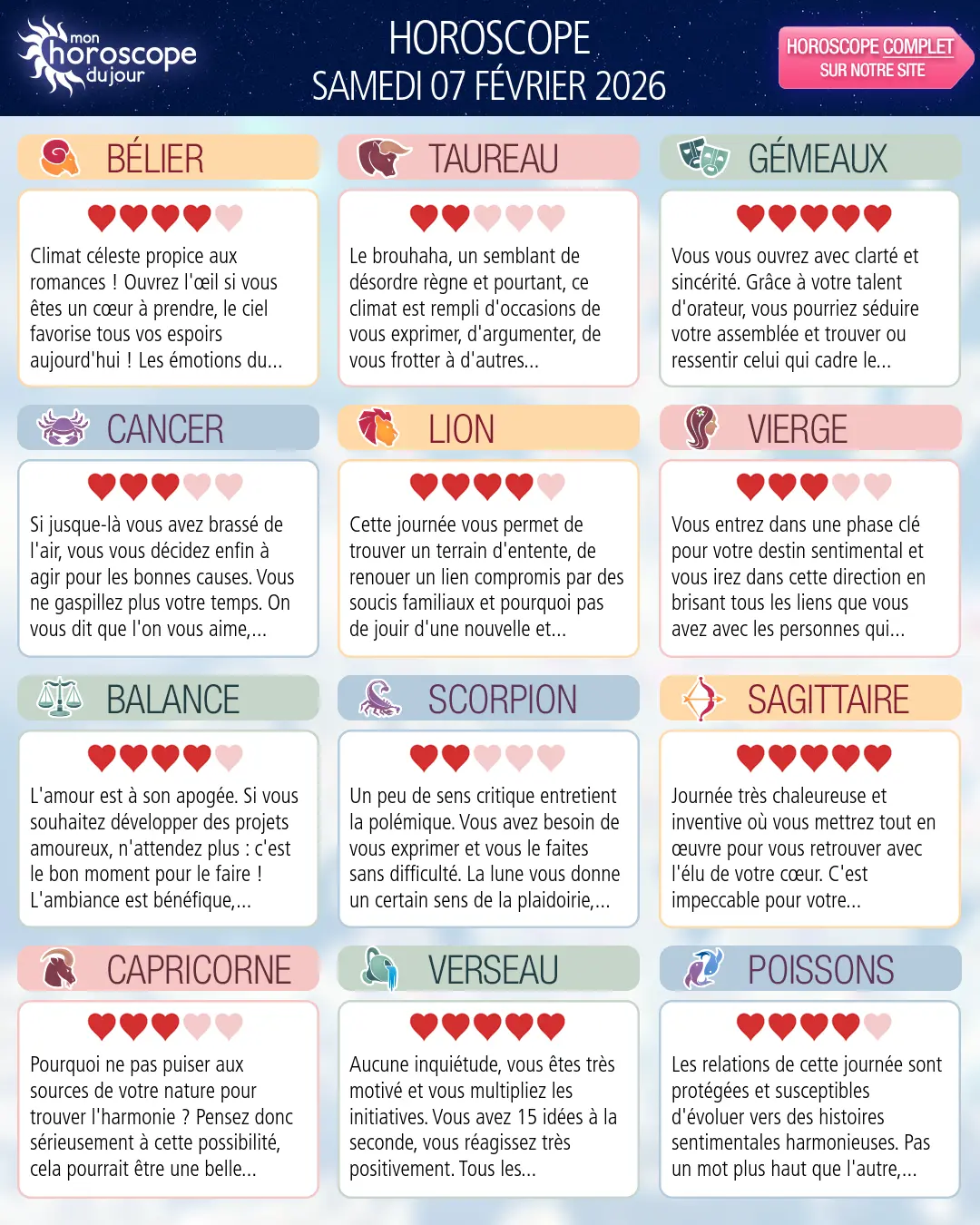 Horoscope du samedi 7 février 2026