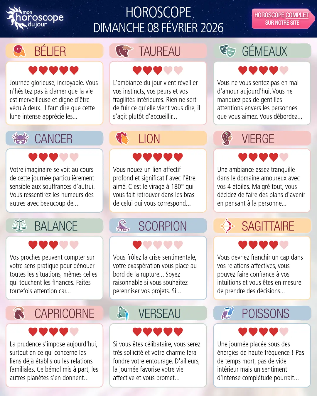 Horoscope du dimanche 8 février 2026