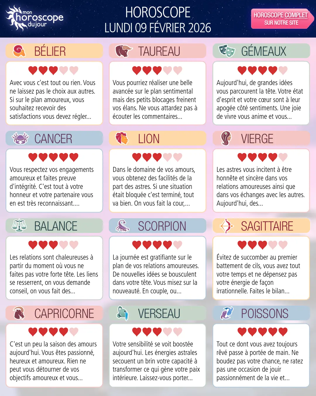 Horoscope du lundi 9 février 2026