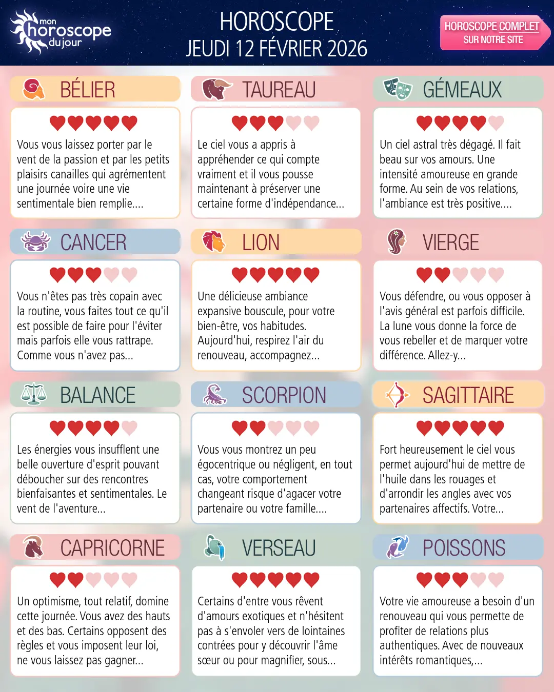 Horoscope du jeudi 12 février 2026