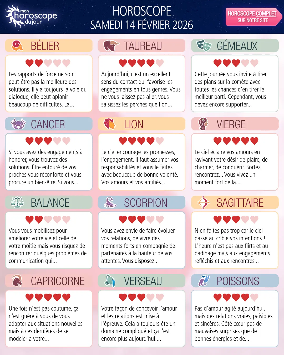 Horoscope du samedi 14 février 2026