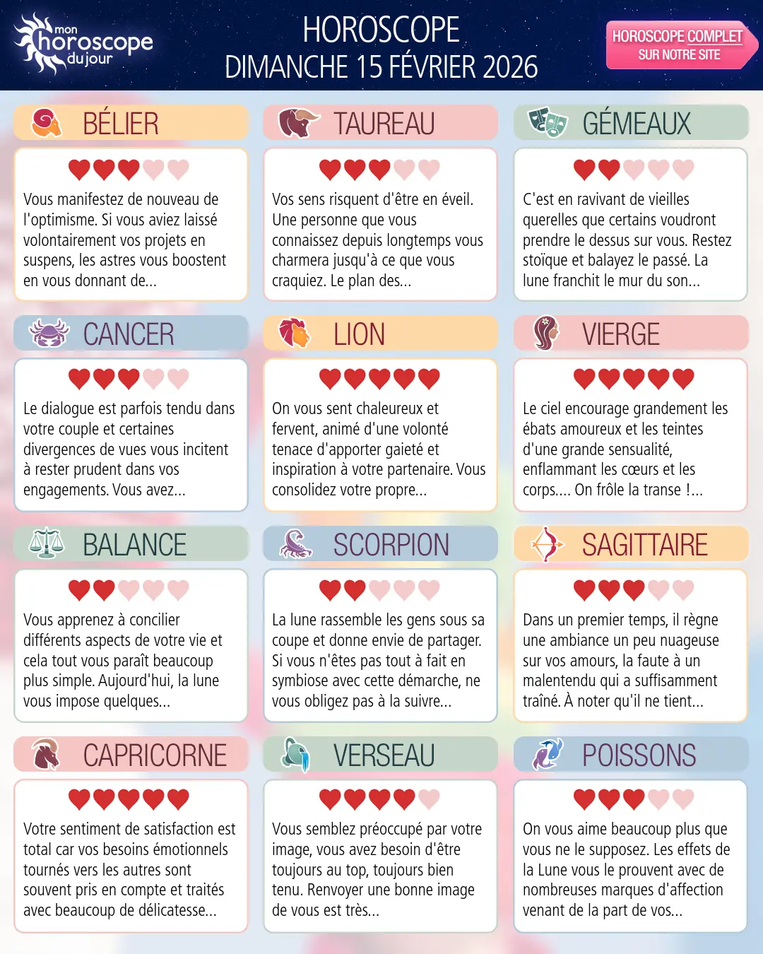 Horoscope du dimanche 15 février 2026