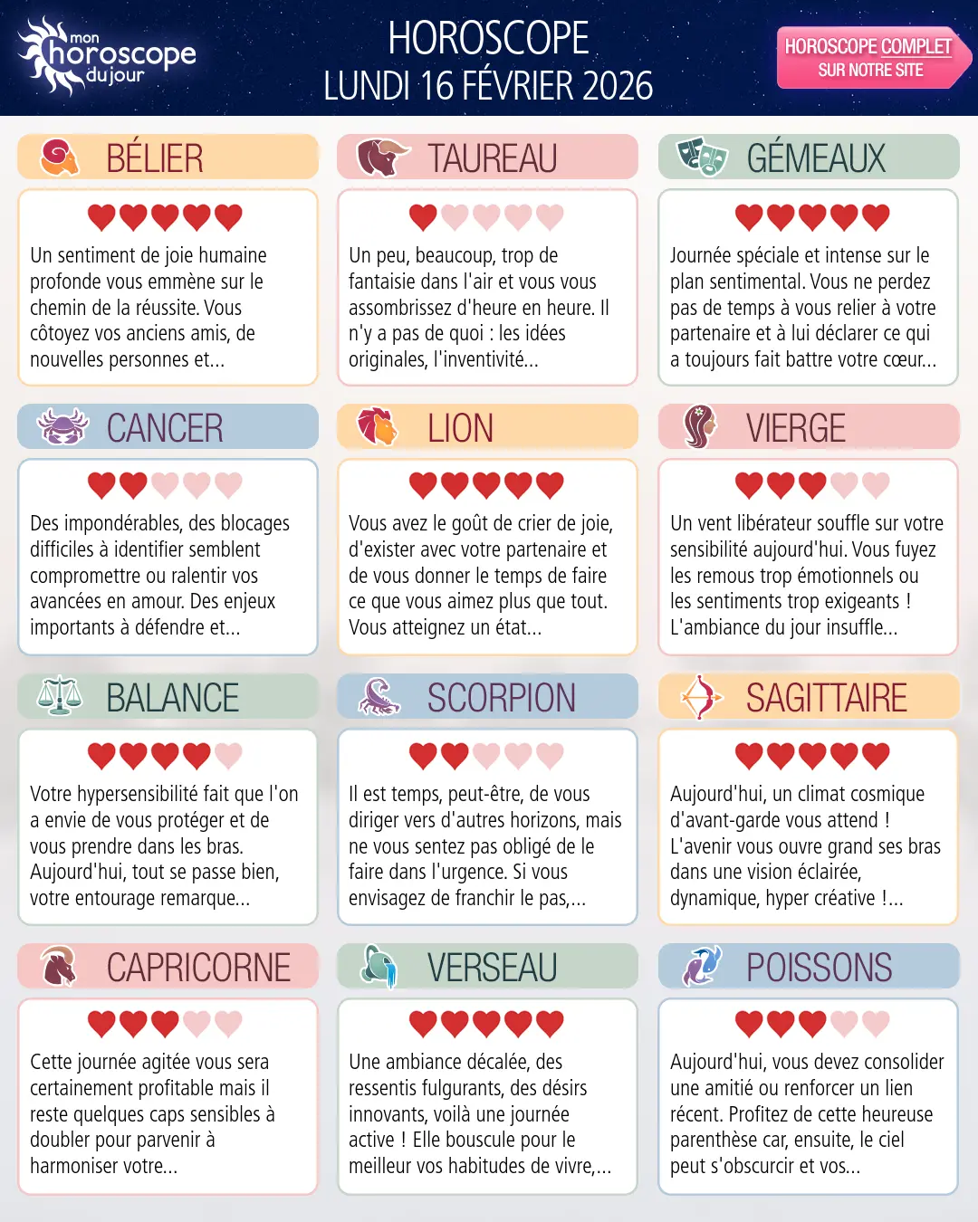 Horoscope du lundi 16 février 2026
