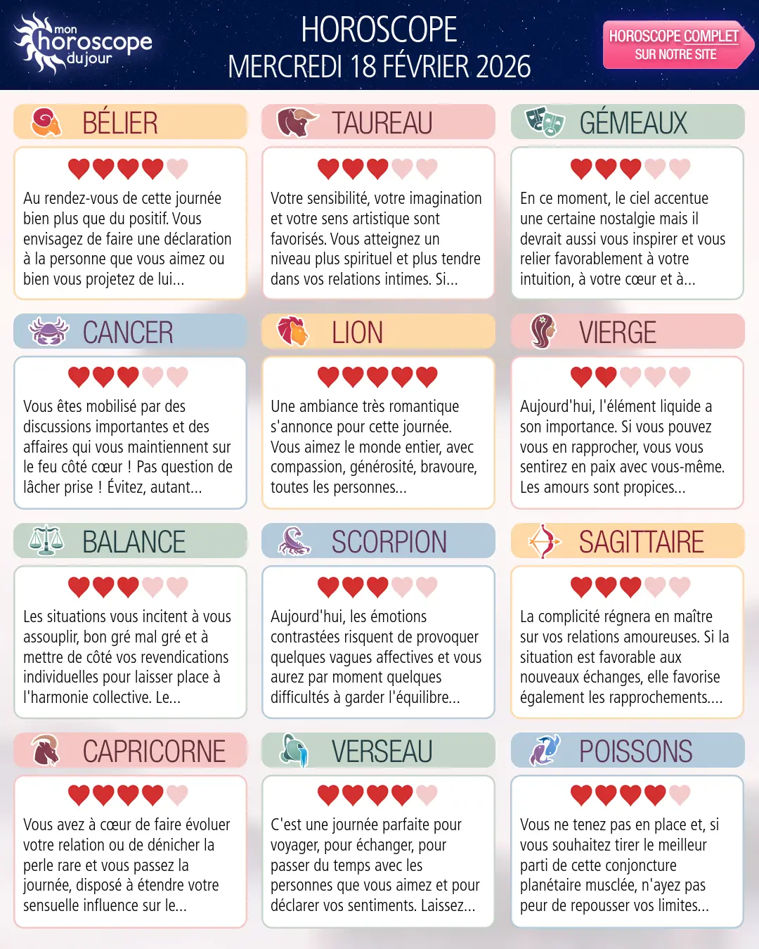 Horoscope du mercredi 18 février 2026