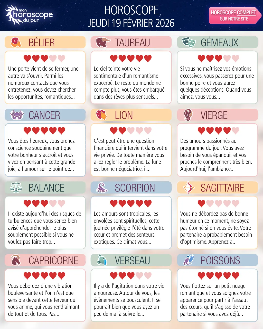 Horoscope du jeudi 19 février 2026