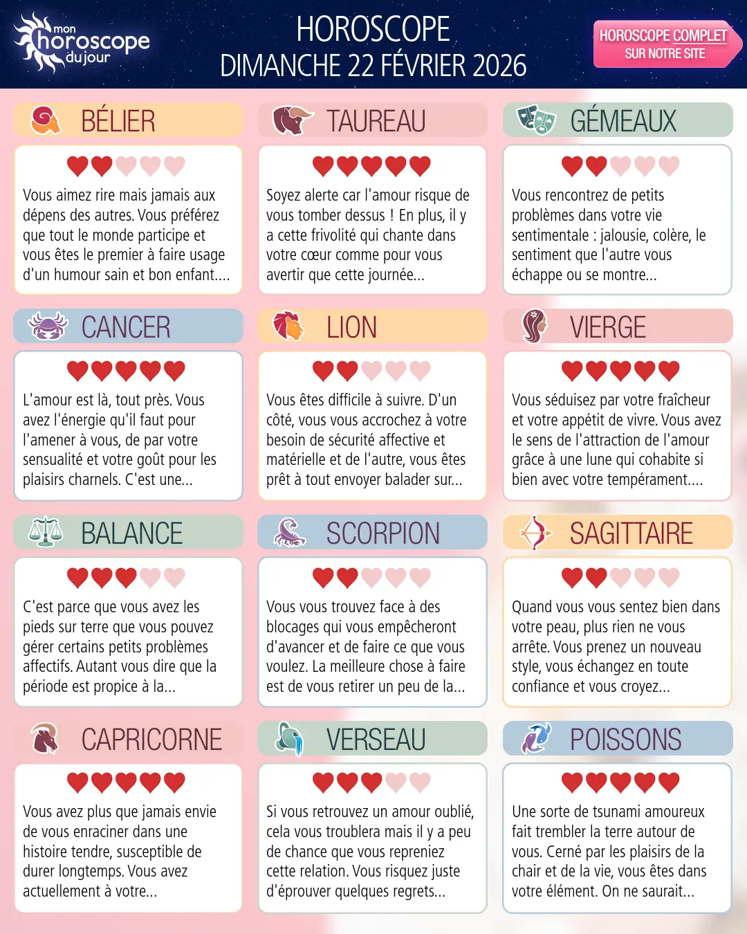 Horoscope du dimanche 22 février 2026
