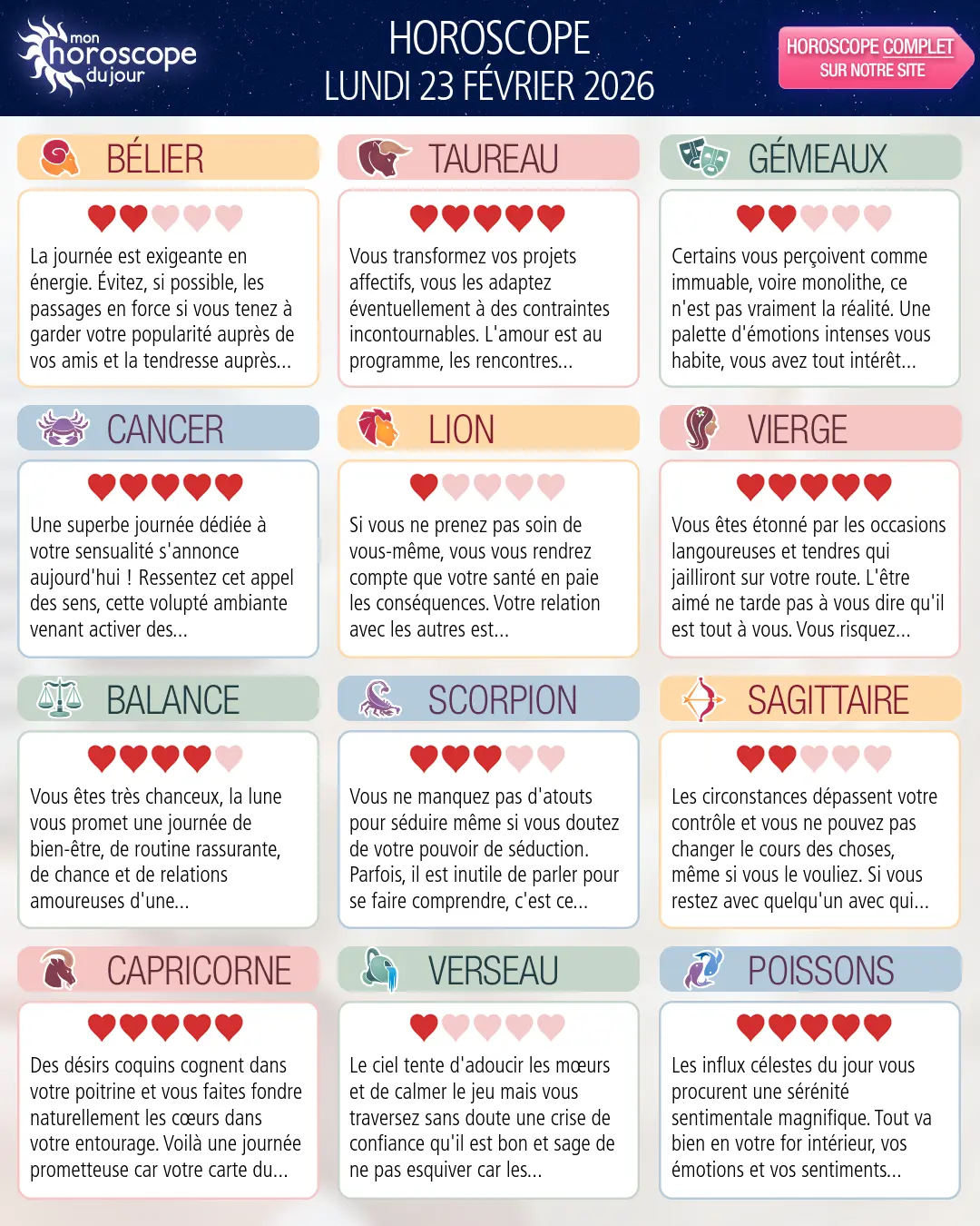 Horoscope du lundi 23 février 2026