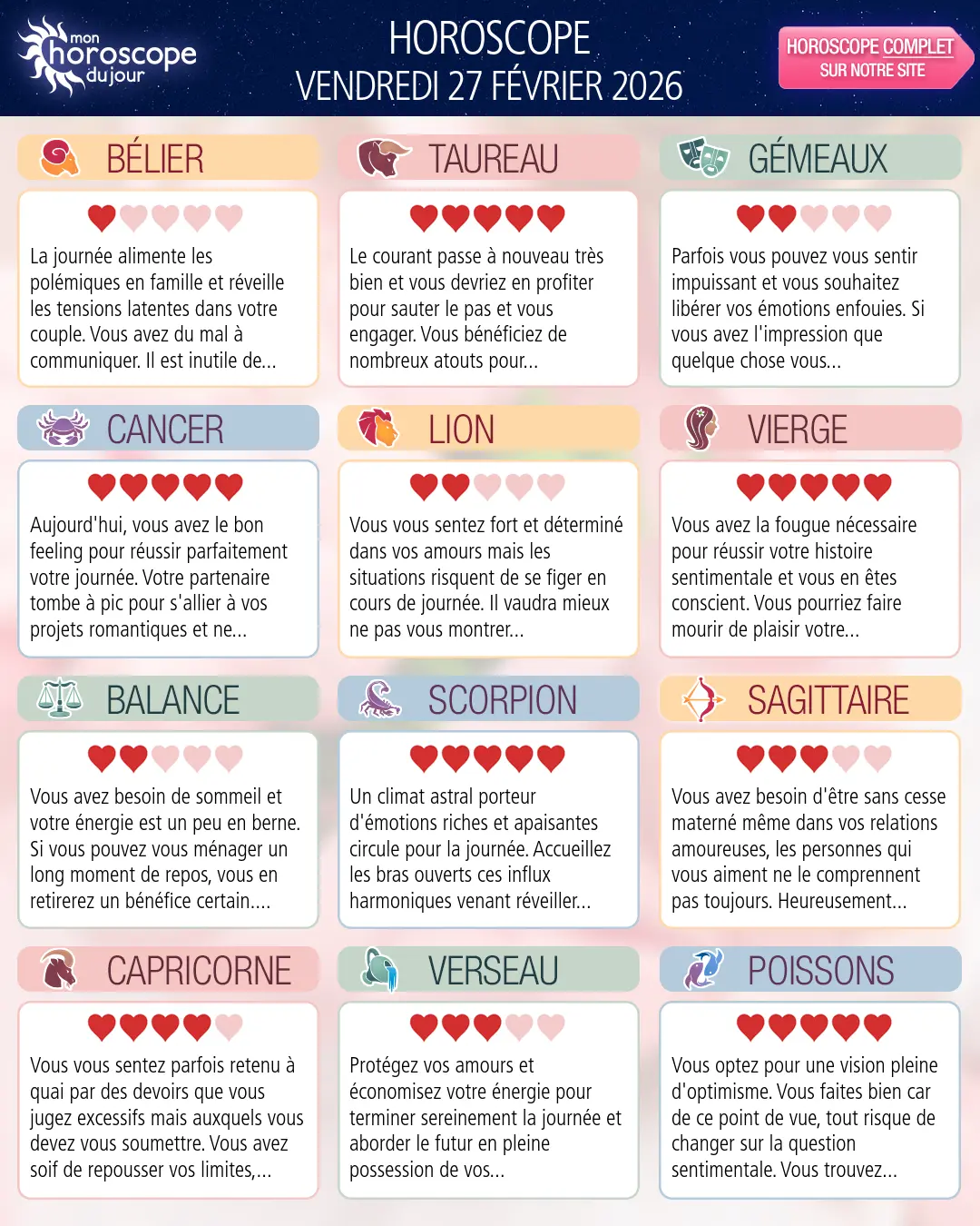 Horoscope du vendredi 27 février 2026