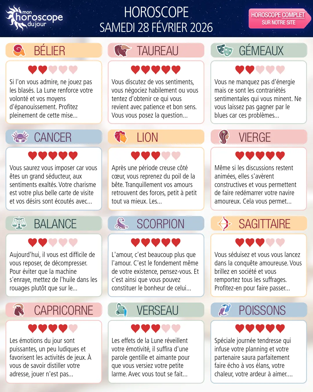 Horoscope du samedi 28 février 2026