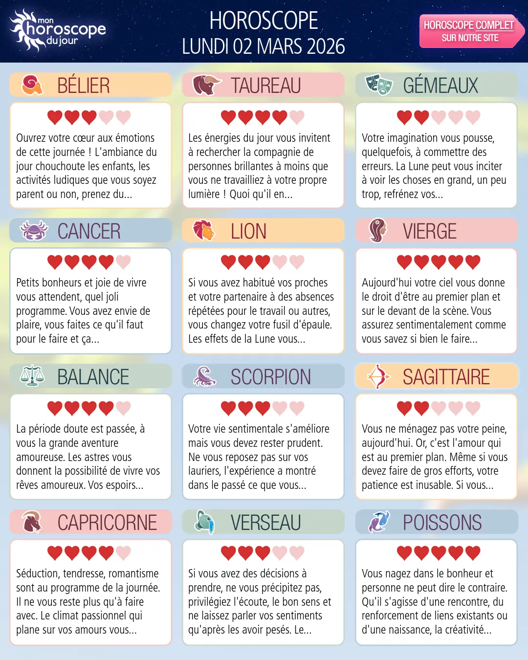 Horoscope du lundi 2 mars 2026