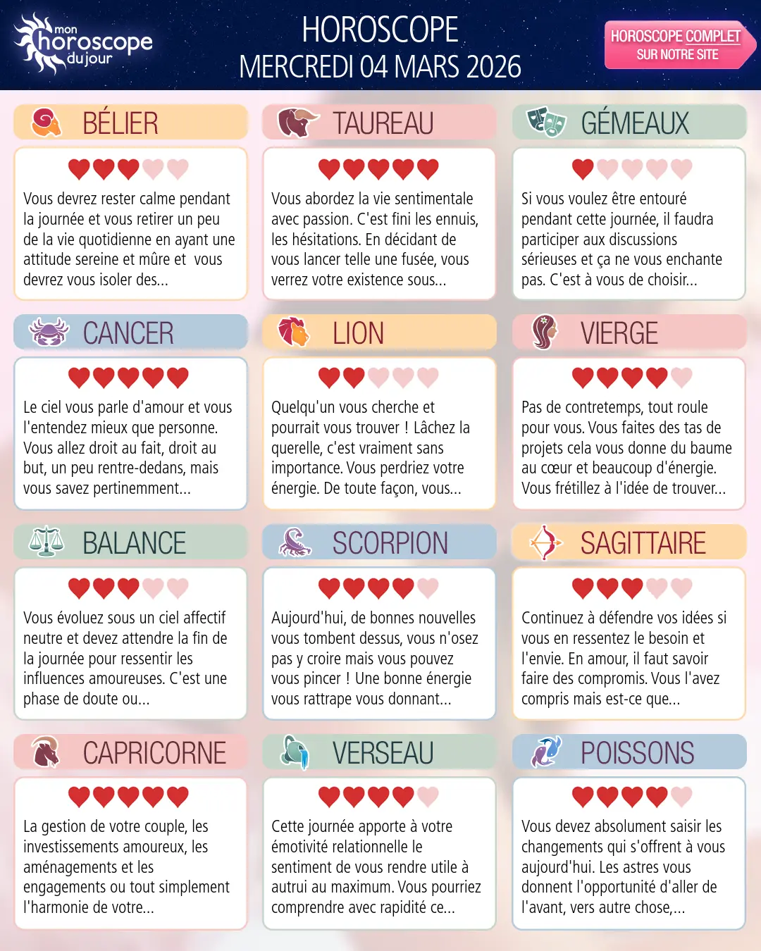 Horoscope du mercredi 4 mars 2026