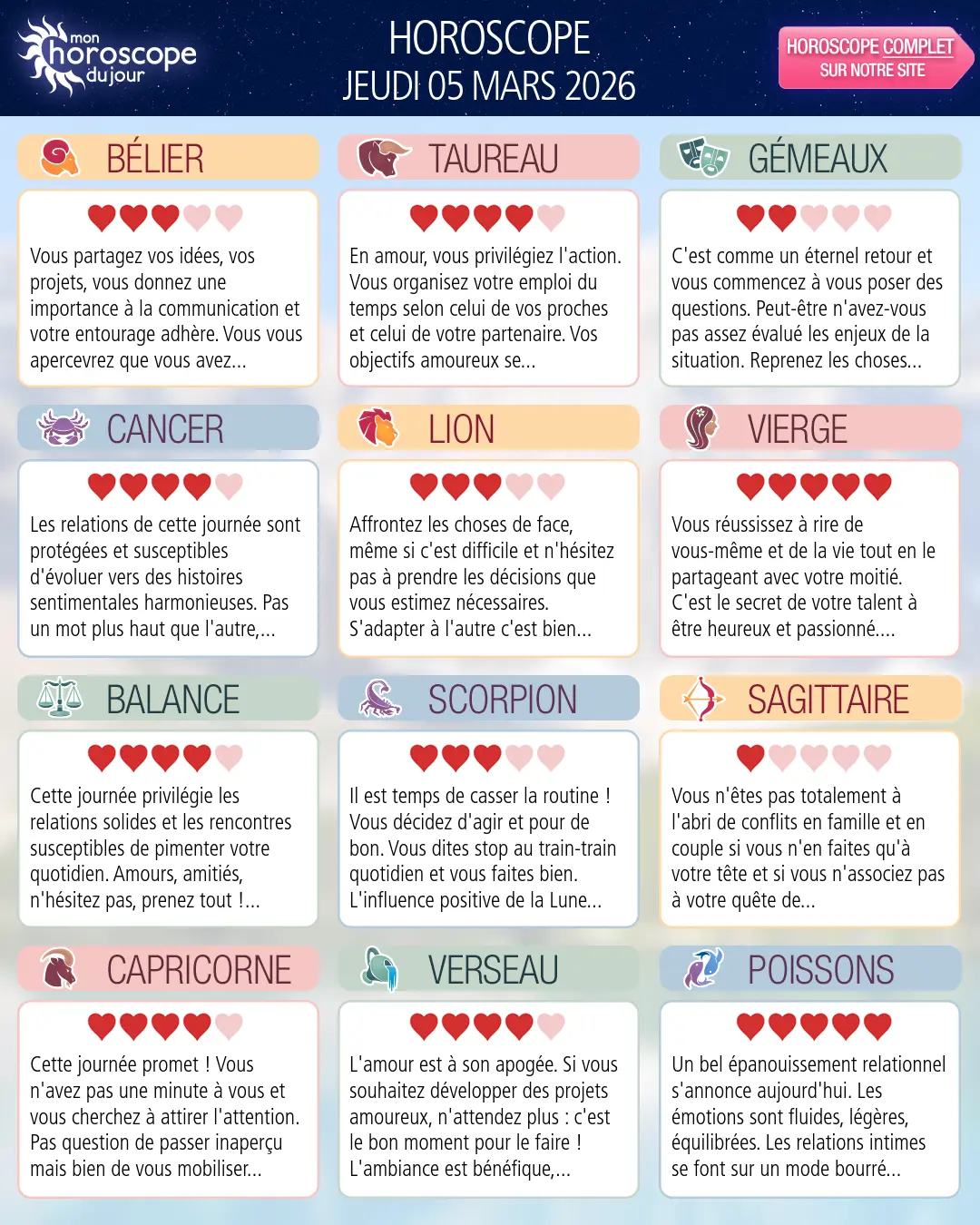 Horoscope du jeudi 5 mars 2026