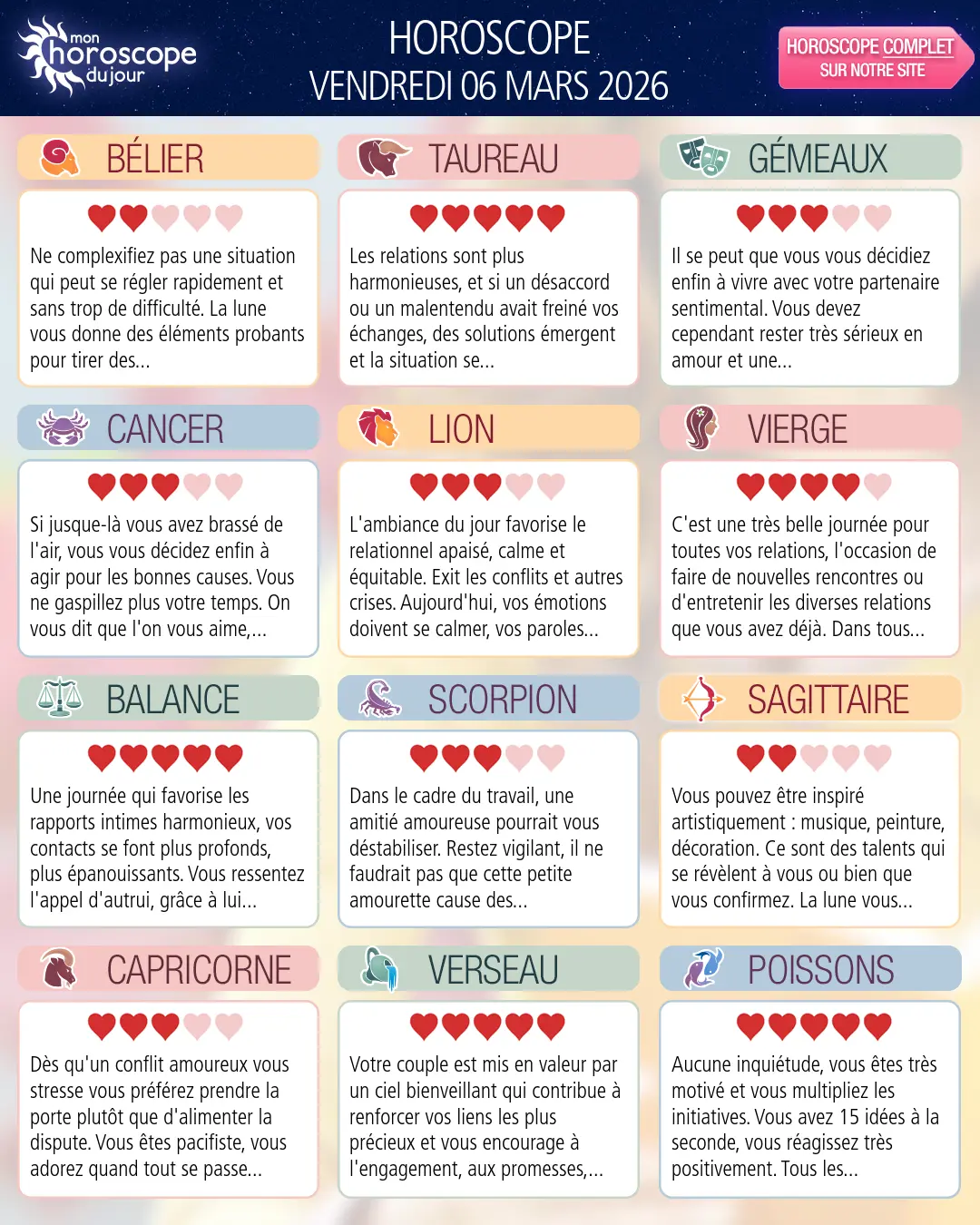 Horoscope du vendredi 6 mars 2026