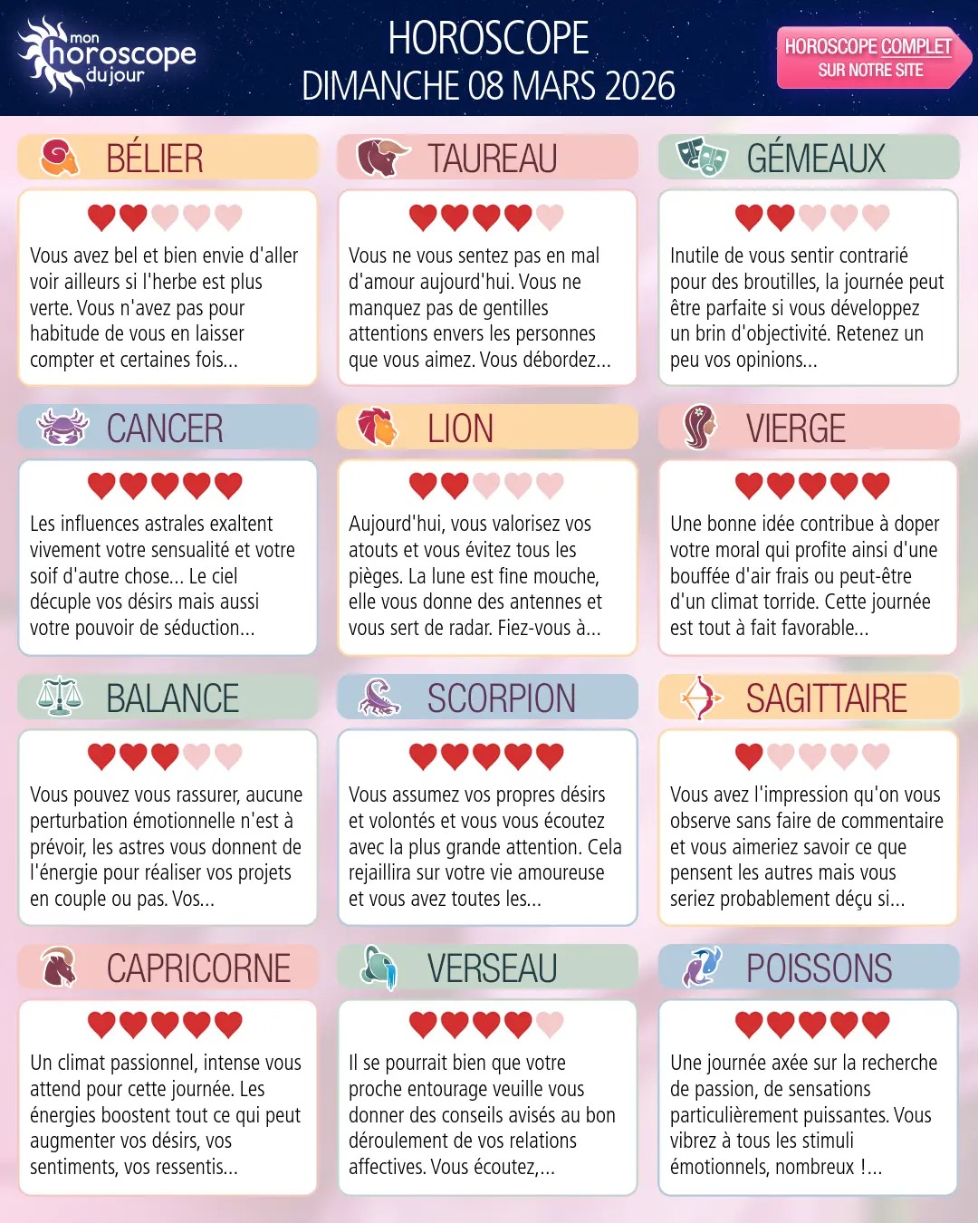 Horoscope du dimanche 8 mars 2026