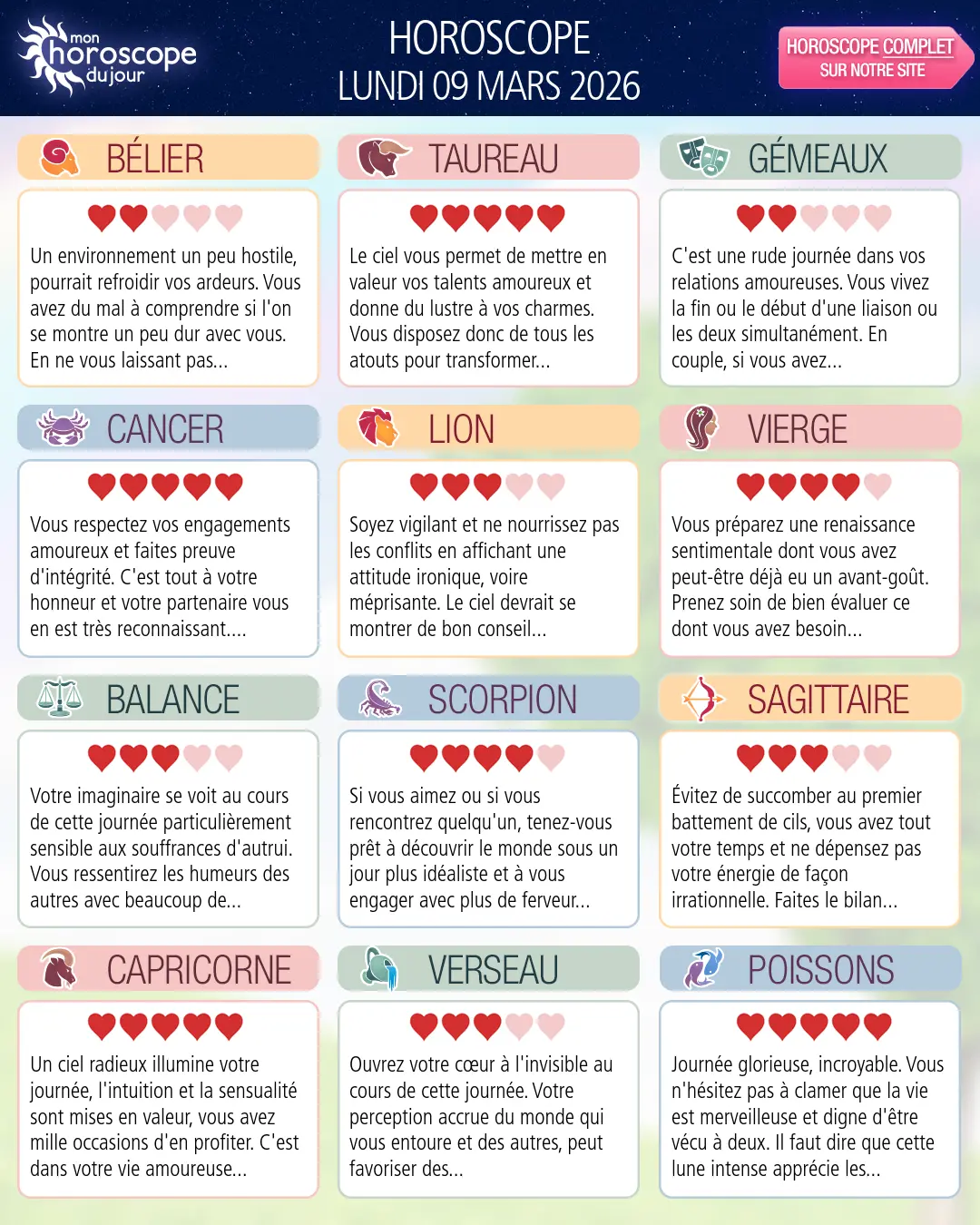 Horoscope du lundi 9 mars 2026