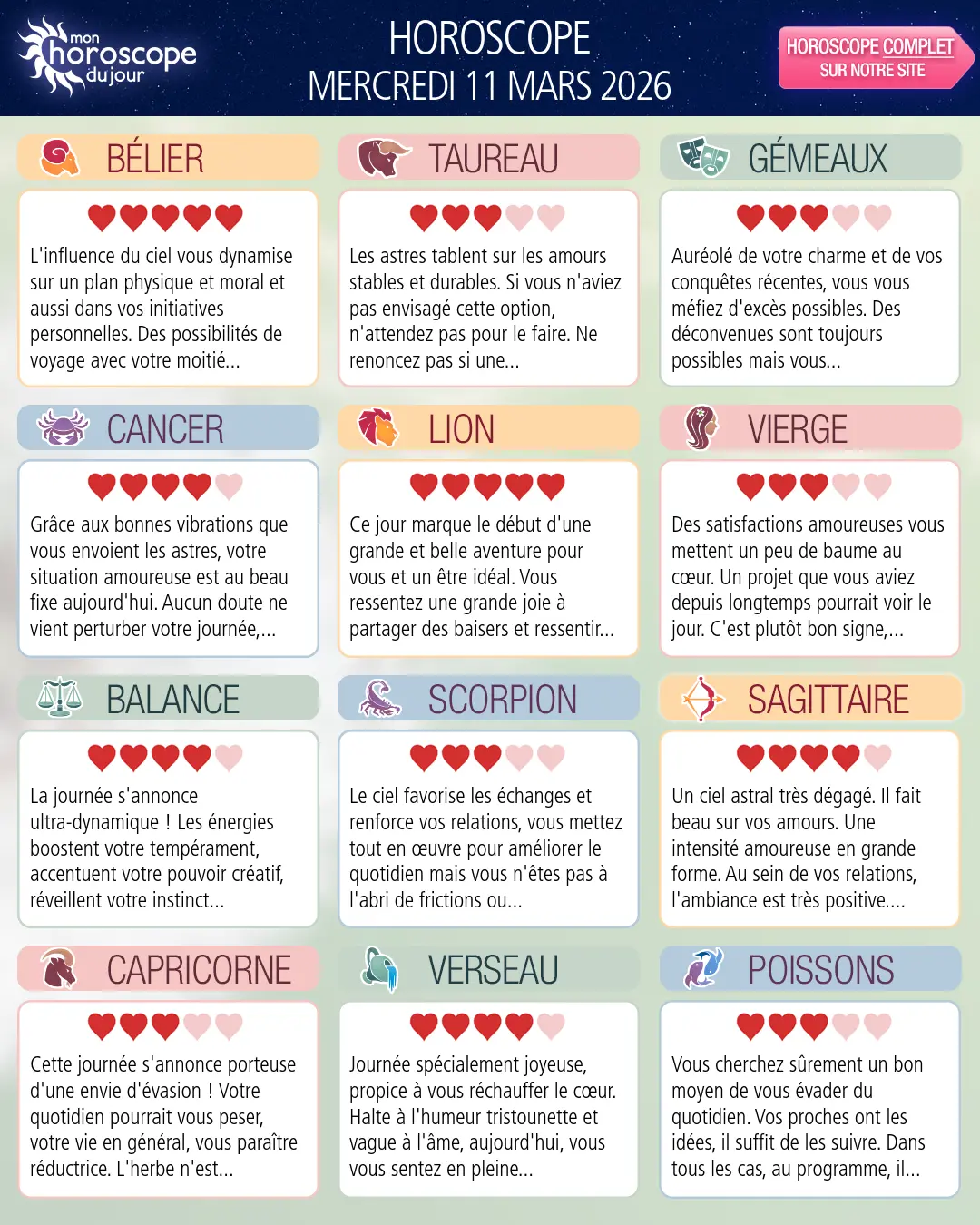 Horoscope du mercredi 11 mars 2026