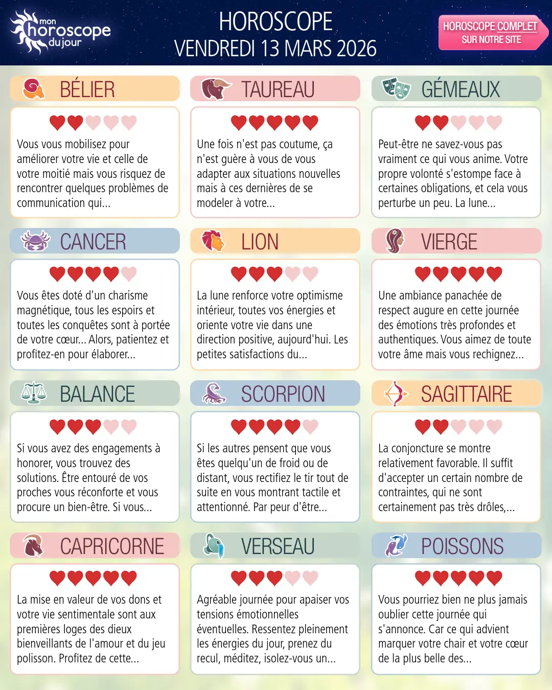 Horoscope du vendredi 13 mars 2026