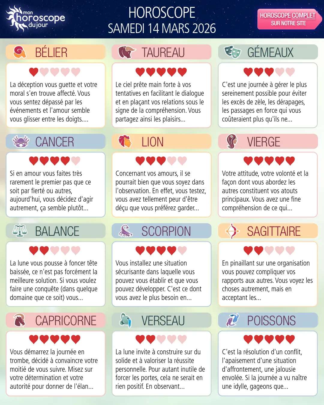 Horoscope du samedi 14 mars 2026