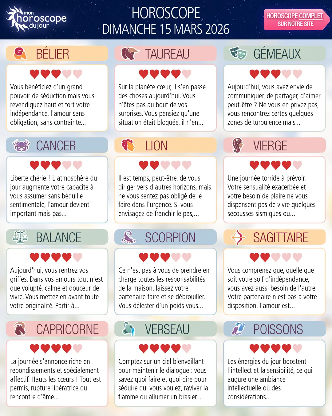 Horoscope du dimanche 15 mars 2026