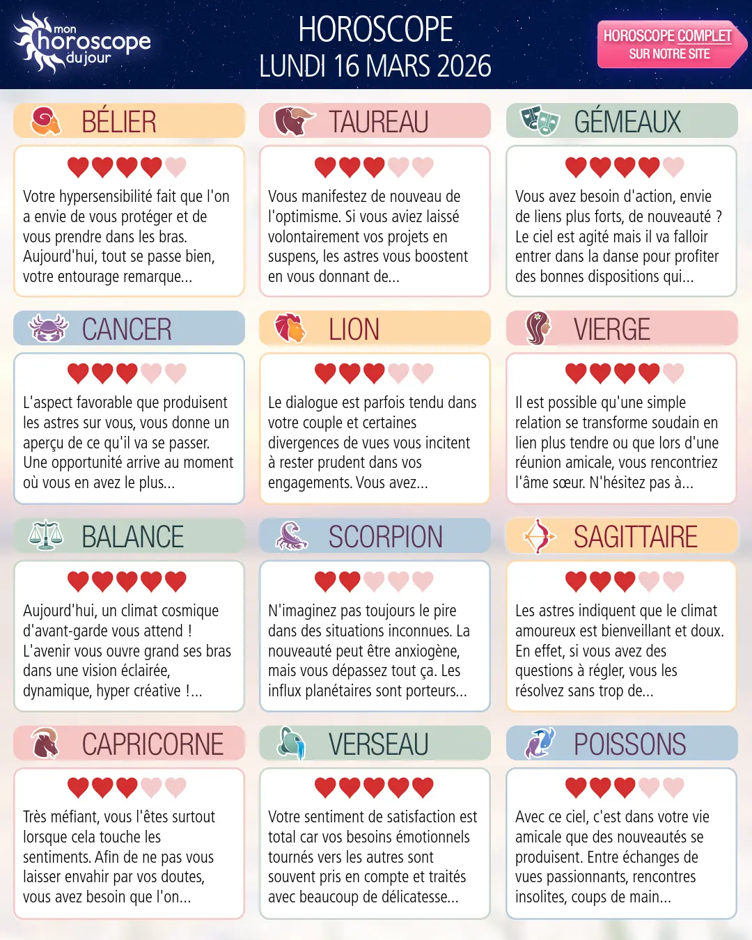 Horoscope du lundi 16 mars 2026