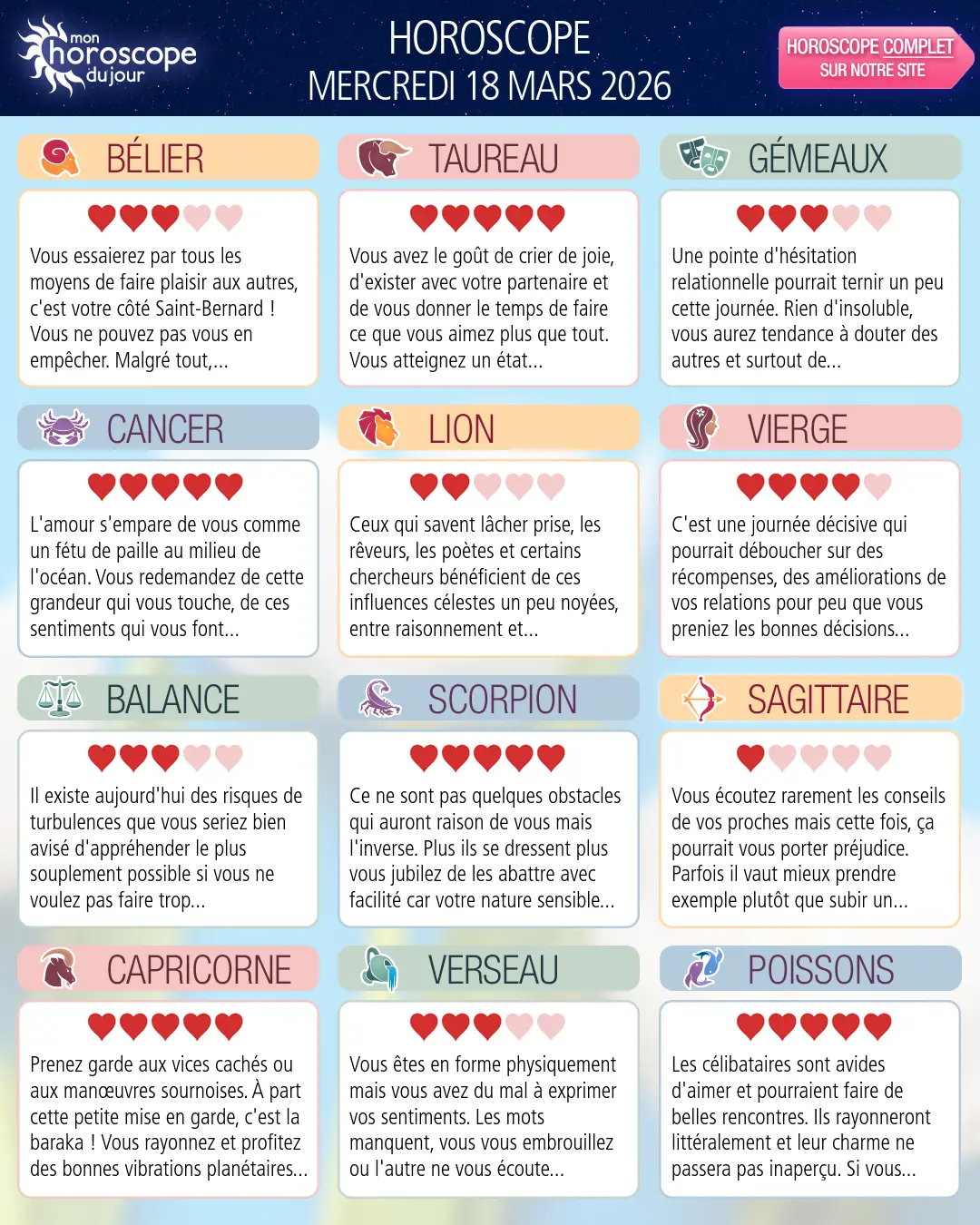 Horoscope du mercredi 18 mars 2026