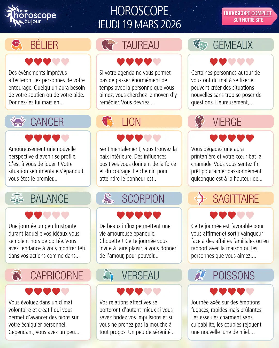 Horoscope du jeudi 19 mars 2026
